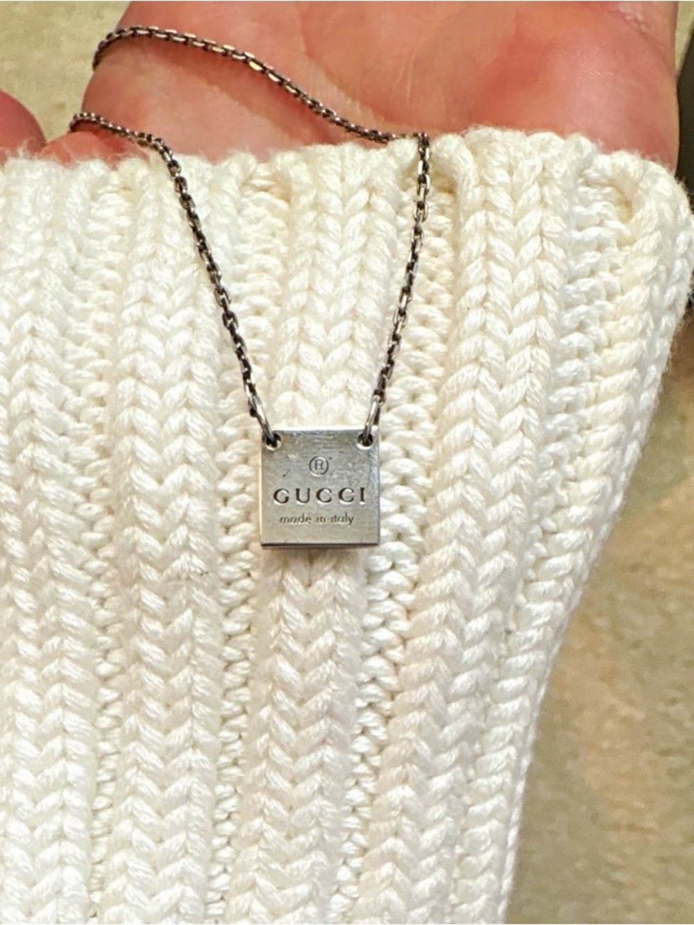 GUCCI Silver Square Tag Necklace - Silver